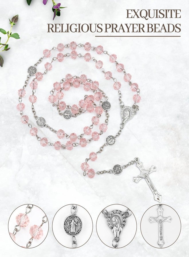 Aecsze Pink Rosary Beads for Women - Catholic Rosary Beads with Cross, Pink Crystal Rosary Necklace with Velvet Pouch, Religious Gifts for Women - Image 3